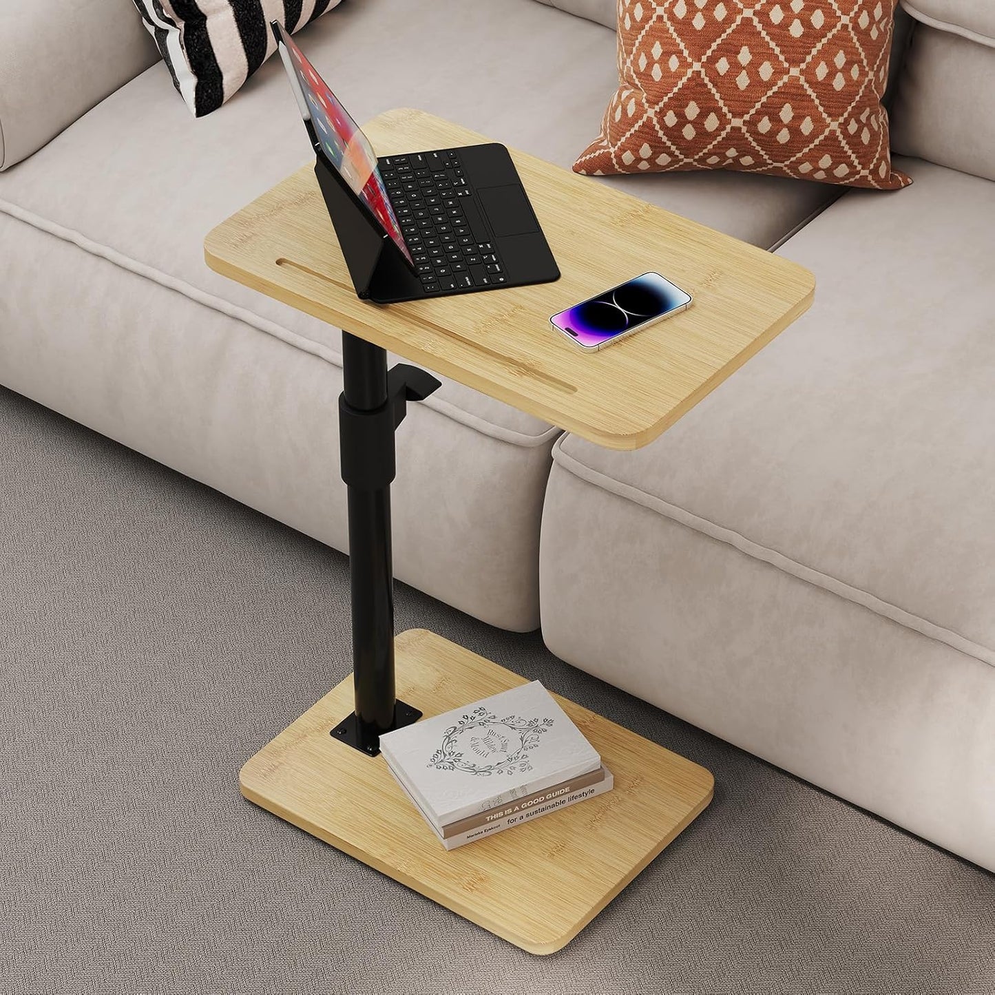 2Pcs 360 (2PCS, Sofa Armrest Tray Table - Bamboo Swivel TV Trays - Height Adjustable Side Table for Bed or Chair