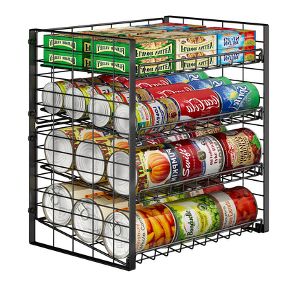 JKsmart 2-Tier Stackable Can Rack Organizer for Pantry, Adjustable Can Dispenser Holds Up to 62 Cans, Can Storage Holder for Various Ounces of Canned Food Soda Drinks, Black, 2 Pack (Petent Pending)