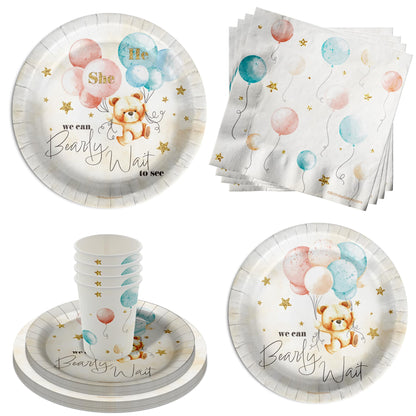 Birthday Galore We Can Bearly Wait Teddy Bear Gender Reveal Themed Party Supplies for Baby Shower - A 64 Pieces Elegant Tableware Disposable Set with Plates, Napkins, Cups for All Events - Kit for 16