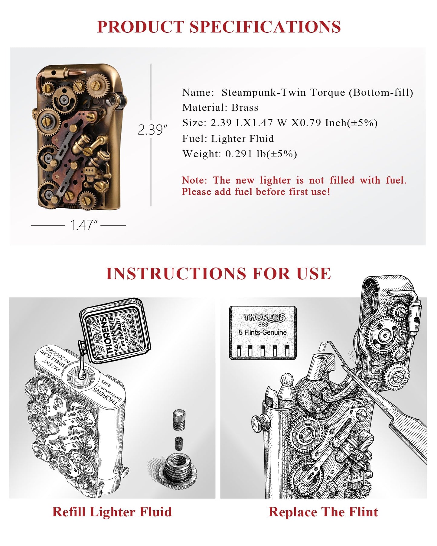 Classic Retro Automatic Ejection Steampunk Kerosene Lighter, Brass, Flint, Grinding Wheel, Gear, Linkage, Mechanical, Complex, Collectible, Men's Gift, Thorens Steampunk-Twin Torque (Bottom-Fill)