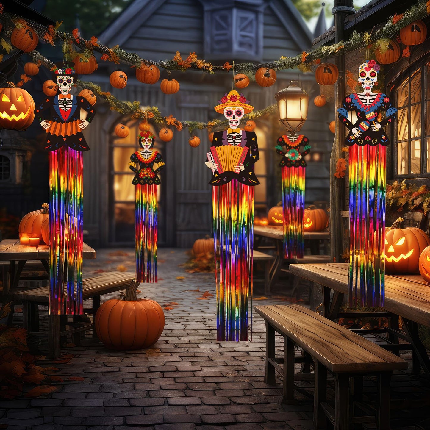 Kigley 8 Pcs Day of the Dead Sugar Skull Hanging Decorations Large Skeleton Dia De Los Muertos Party Decorations Sugar Skull Decor with Tassels Ropes for Halloween Party Outdoor Home 39.4 x 8.7 in