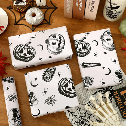 Whaline Halloween Wrapping Paper -Mini Roll- 17 In x 32.8 Ft Beige Black Skull Pumpkin Viper Gift Wrap Paper for Halloween Wrapping Supplies