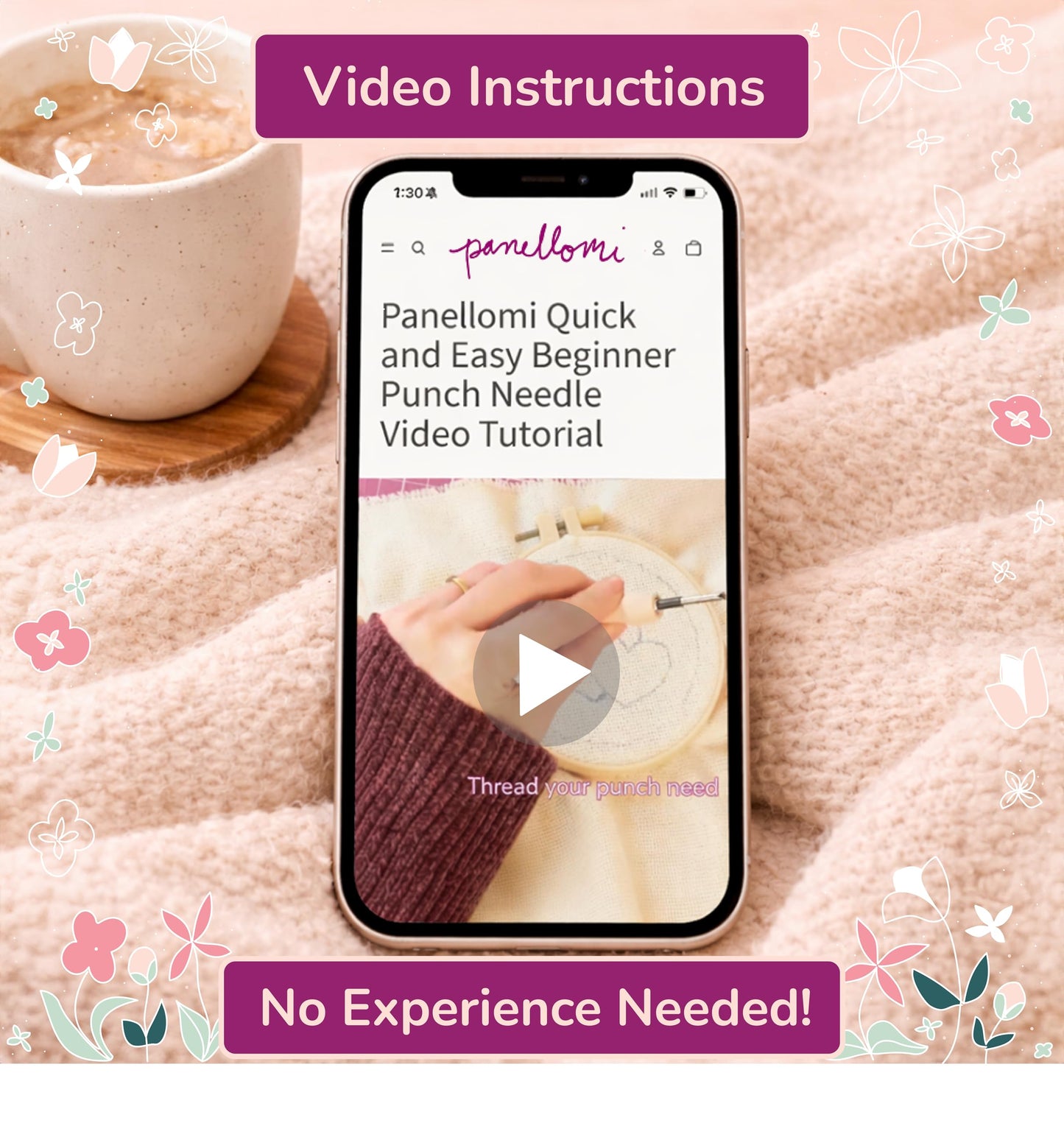 Panellomi Flower Punch Needle Kit for Beginners DIY Punchneedle Embroidery Starter Kit with Yarn, Fabric, Needle Punch Tool, Scissors, and Instructions for 6 Easy Craft Floral Design Coasters