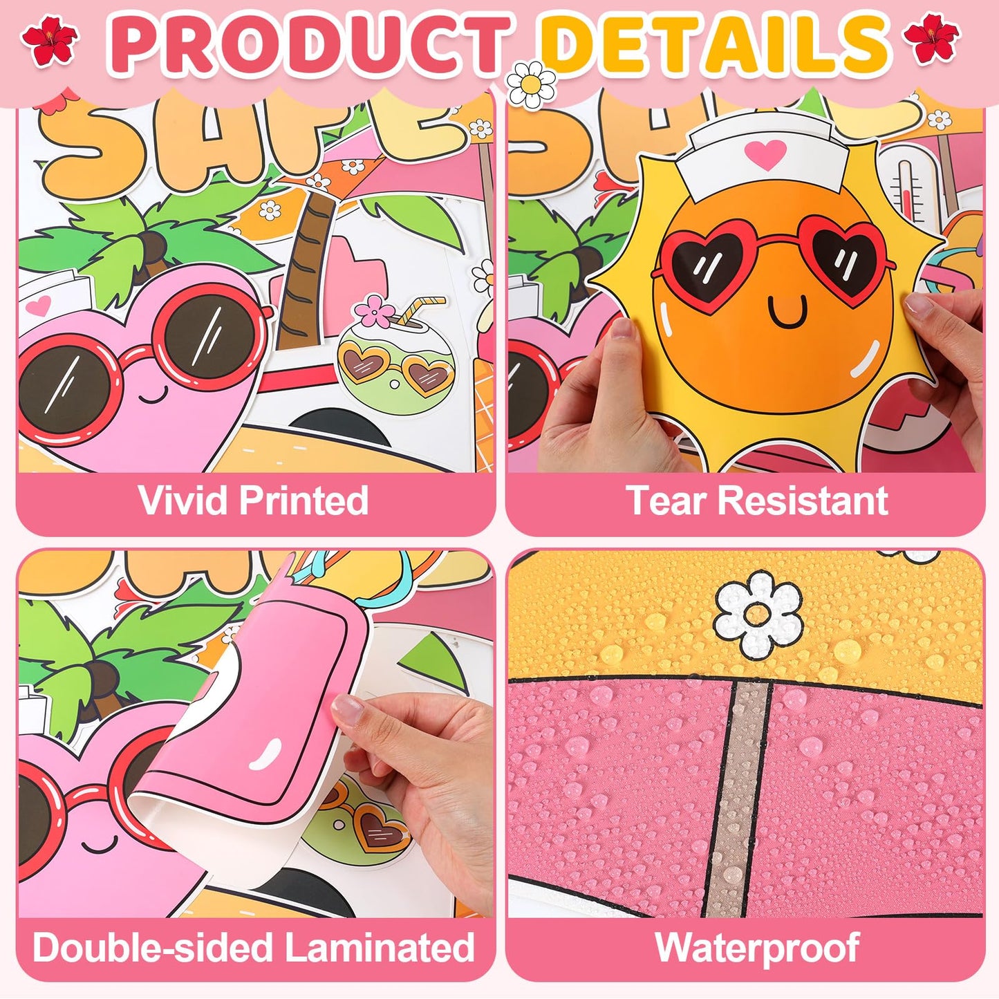 Safe Fun in the Sun Bulletin Board Set Summer Sun Classroom Decorations Tropical Hawaiian Classroom Sunshine Safety Paper Cutouts for Summer Back to School Teachers Chalkboard Wall Door Decor