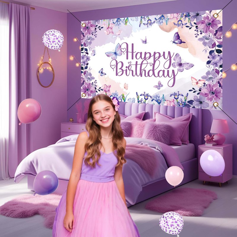 Purple Butterfly Birthday Decorations Balloon Arch Kit - Glitter Butterfly Party Supplies with Garland, Backdrop, Centerpieces for Women Girls Birthday Party Decor