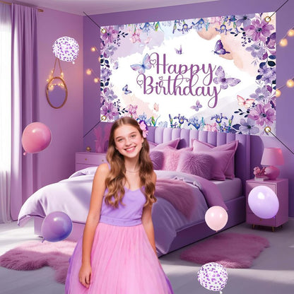 Purple Butterfly Birthday Decorations Balloon Arch Kit - Glitter Butterfly Party Supplies with Garland, Backdrop, Centerpieces for Women Girls Birthday Party Decor