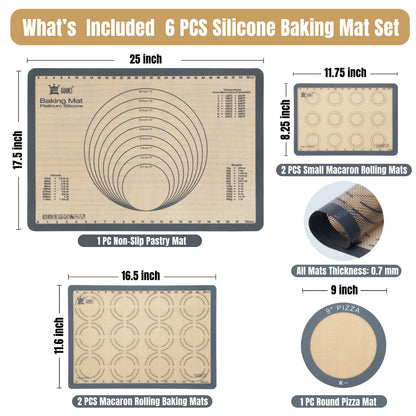 Silicone Baking Mat Set of 6, GUANCI Grade Food Baking mats Non-Stick Reusable Pizza Bakeware Mat for Making Macaroon, Pizza, Cookie, Pastry, Bread, Bun(Grey)