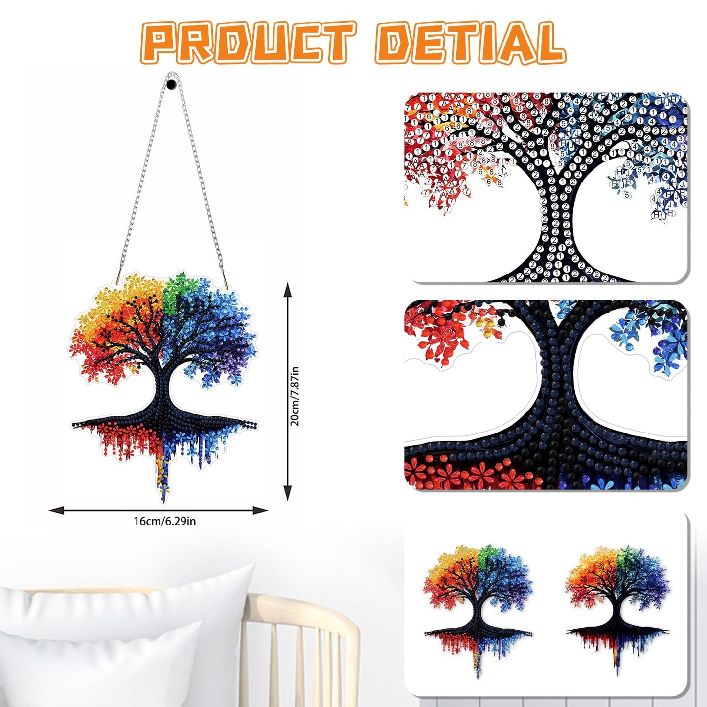 KEYIFA Tree of Life Diamond Art Hanging Kits with Chain, Special Shaped Drill Diamond Painting Pendant, Abstract Crystal Gem Art Pendant 5D Window Crafts for Wall Garden Door Decor, Width 7.9inch