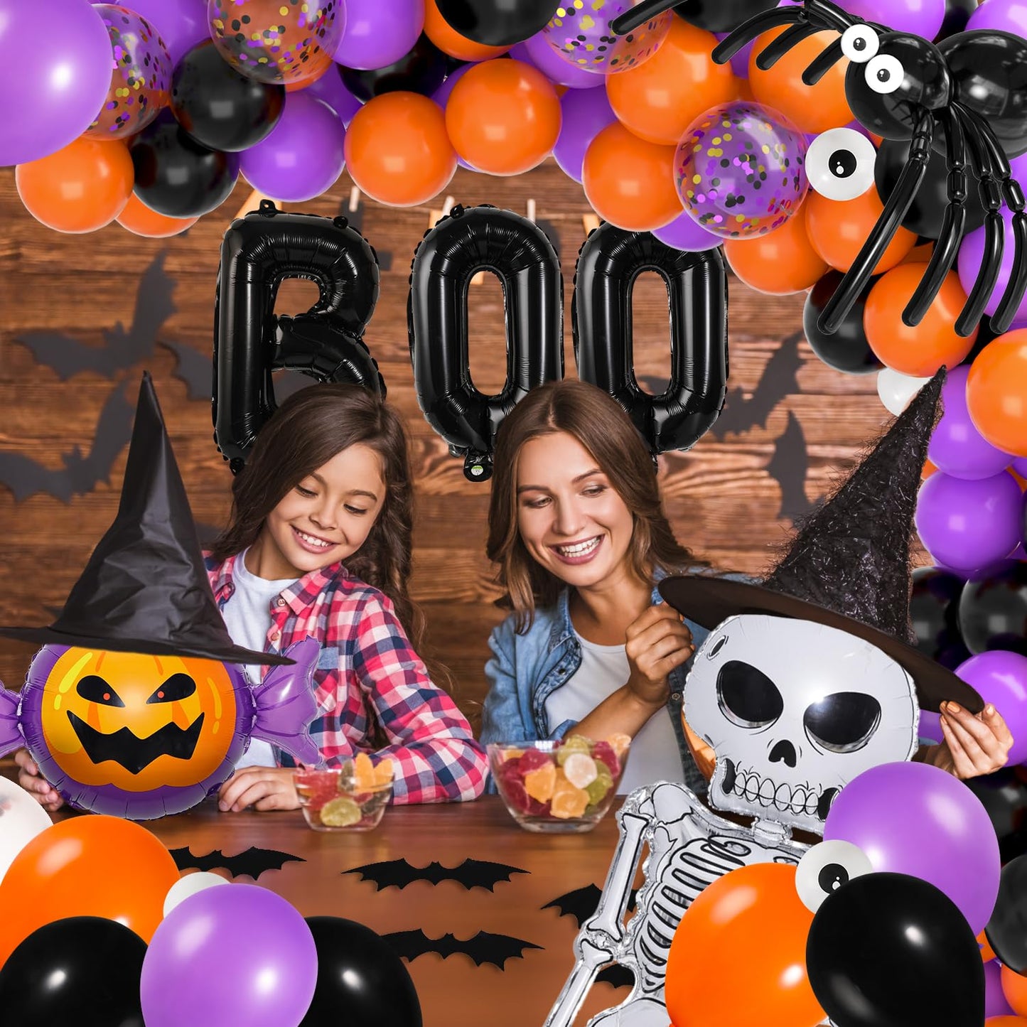 Garma Halloween Balloons Garland Arch Kit, 129pcs Black Orange Purple Balloon Decorations with Confetti Balloon Pumpkin Skeleton BOO Foil Balloons for Halloween Decorations Outdoor Party Supplies