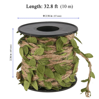KEILEOHO 196Ft 5MM Burlap Leaf Ribbon, 6 Rolls 33 Ft Natural Jute Twine Rope,Jute Twine with Green Leaves Ply Braided Burlap Ribbon Artificial Leaves Vine Rope for Wedding, Party, Garden Decor