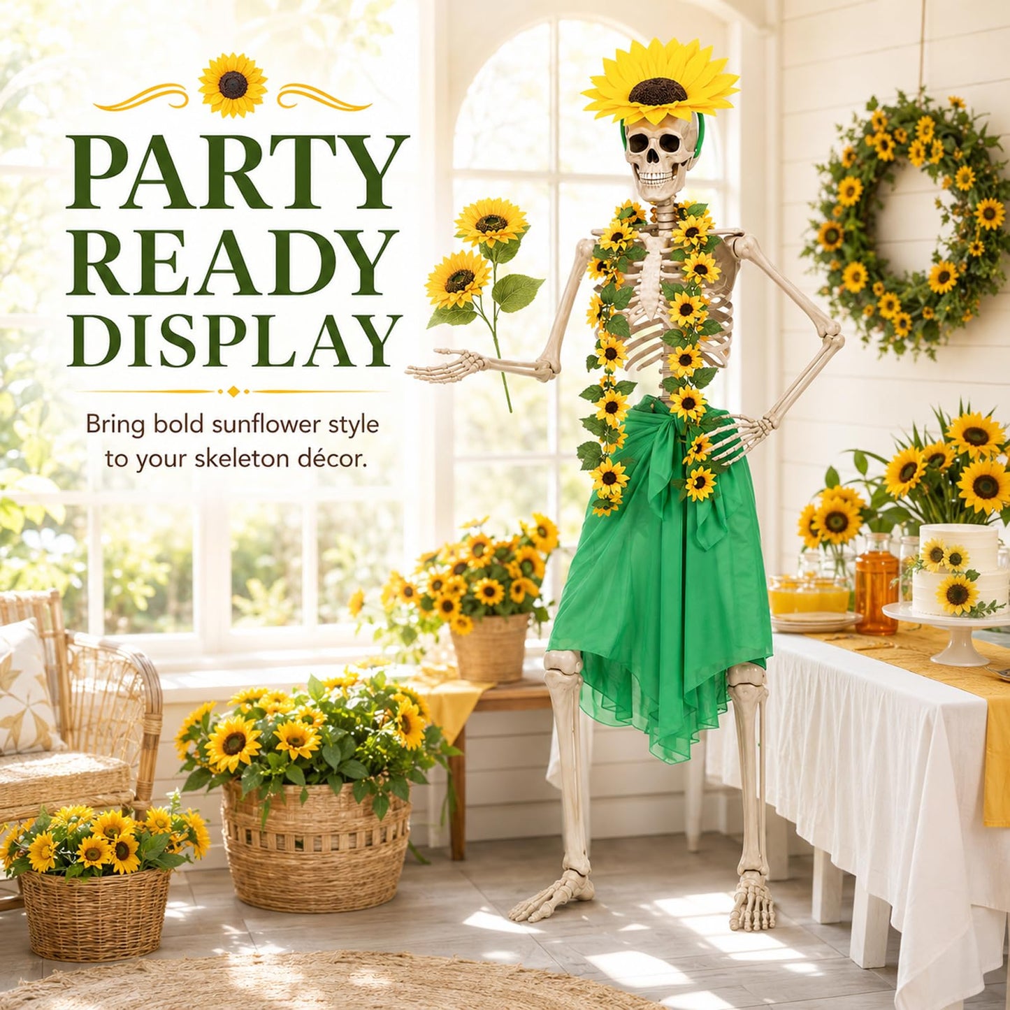 Yi-gog 5Pcs 12 Ft Skeleton Costume Set Halloween Skeletons Outfit Sunflower Headband Sunflower Vine Garlands Green Wrap Skirt Halloween Accessories