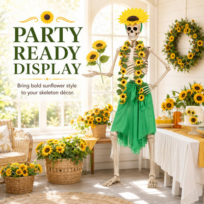 Yi-gog 5Pcs 12 Ft Skeleton Costume Set Halloween Skeletons Outfit Sunflower Headband Sunflower Vine Garlands Green Wrap Skirt Halloween Accessories