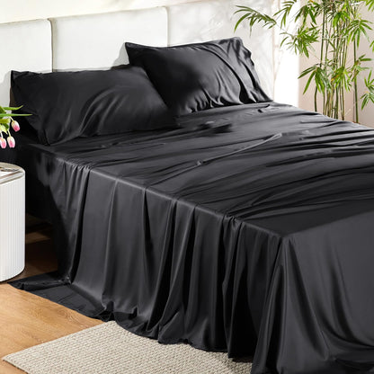 PureWoven King Size Sheet Set - Cooling Rayon Bamboo Sheets | Deep Pocket, Soft & Breathable Black Bedding for Hot Sleepers
