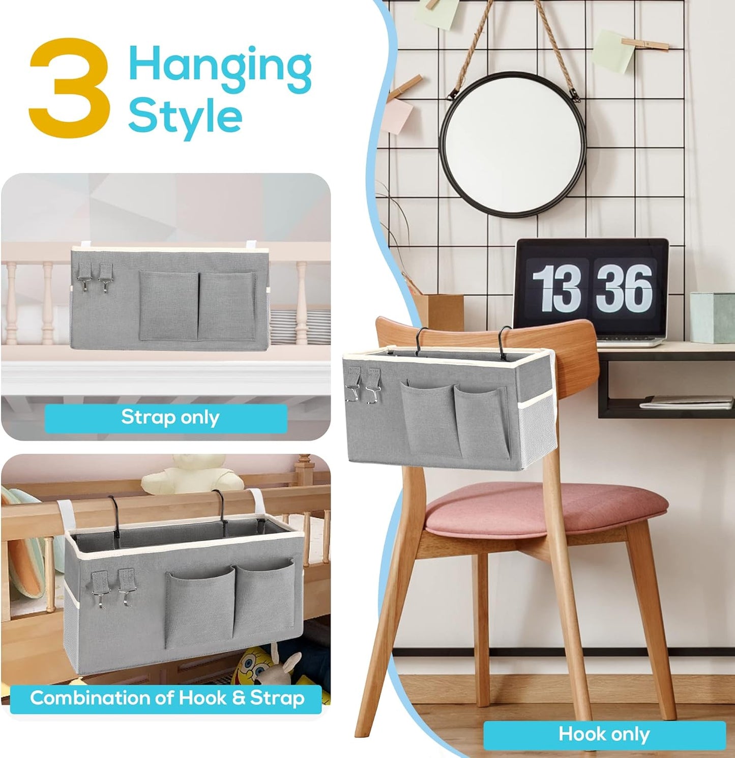 1pcs (Grey-1pcs) Kanrichu Bedside Caddy Hanging Storage Bag, Organizer Baskets with Pockets for Bunk Bed Accessories