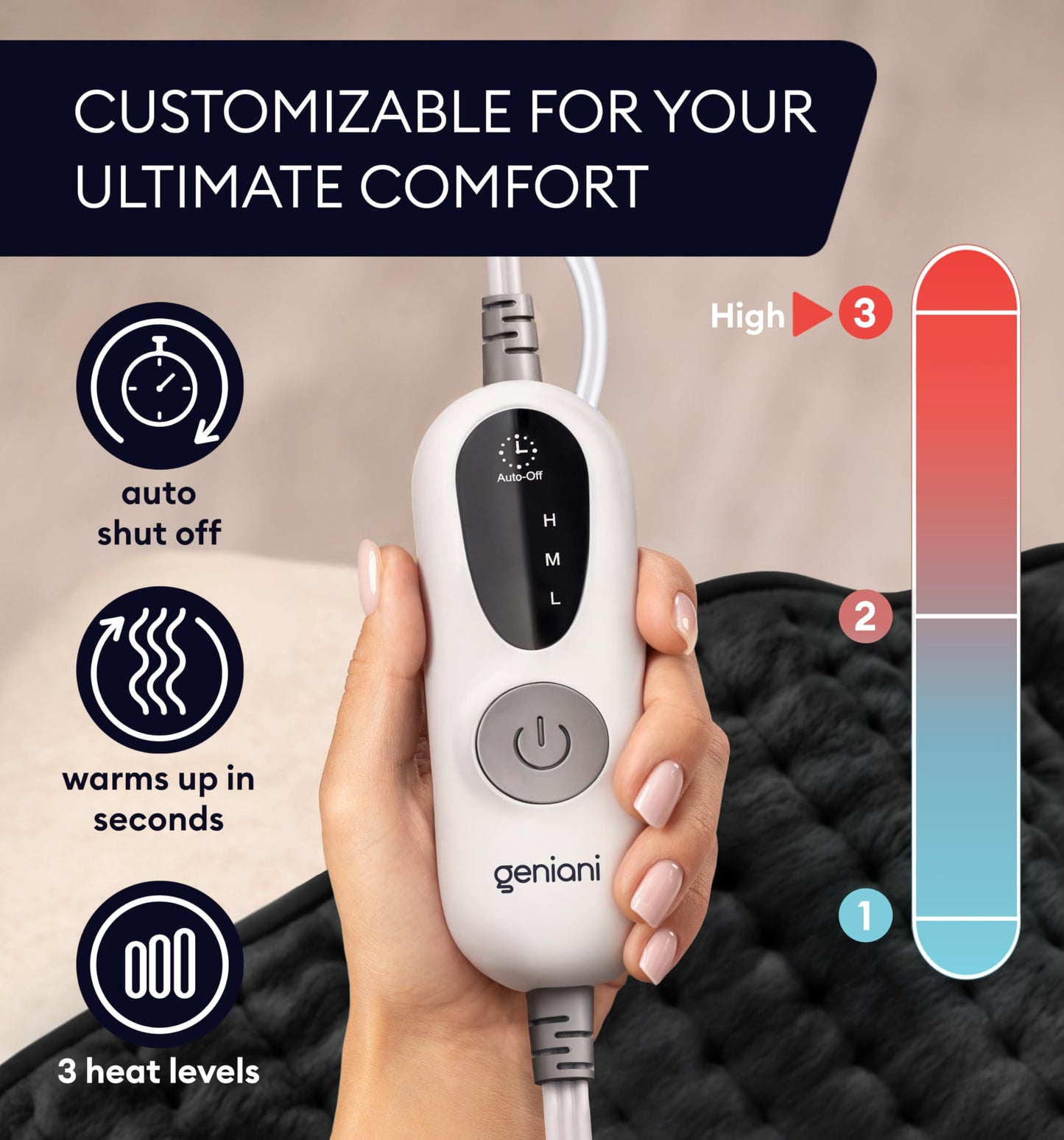 GENIANI Electric Throw - XL Electric Heating Pad for Back Pain & Cramps Relief, Birthday for Women Men Auto Shut Off, Machine Washable, Heat Pad for Neck & Shoulder, 12×24", Tabby Gray