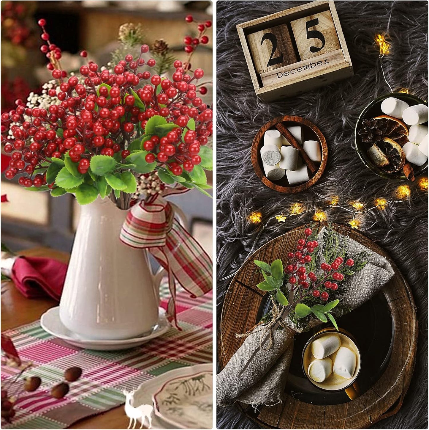 Felice Arts 6 Pack Christmas Picks, Artificial Red Berry Stems, Fake Holly Berries for Xmas Tree Ornaments