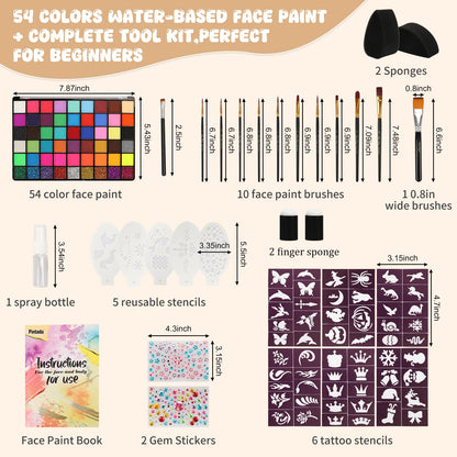 Pintada 54 Color Face Painting Kit for Kids - Non Toxic Water Activated Face Paint Palette with Stencils, Brushes, Gems & Book. For Halloween, Carnival, Party; Costume Makeup for Creative Activities