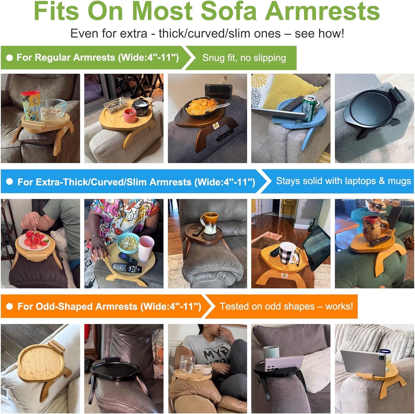 360 Couch Arm Tray Table,Bamboo Sofa Side Tables Clip-on Couch with Phone Holder,Foldable Sofa Armrest Tray