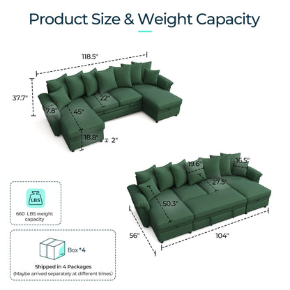 LINSY HOME Oversized Sectional Sleeper Sofa with Pull Out Couch Bed (Green, 118.5'')