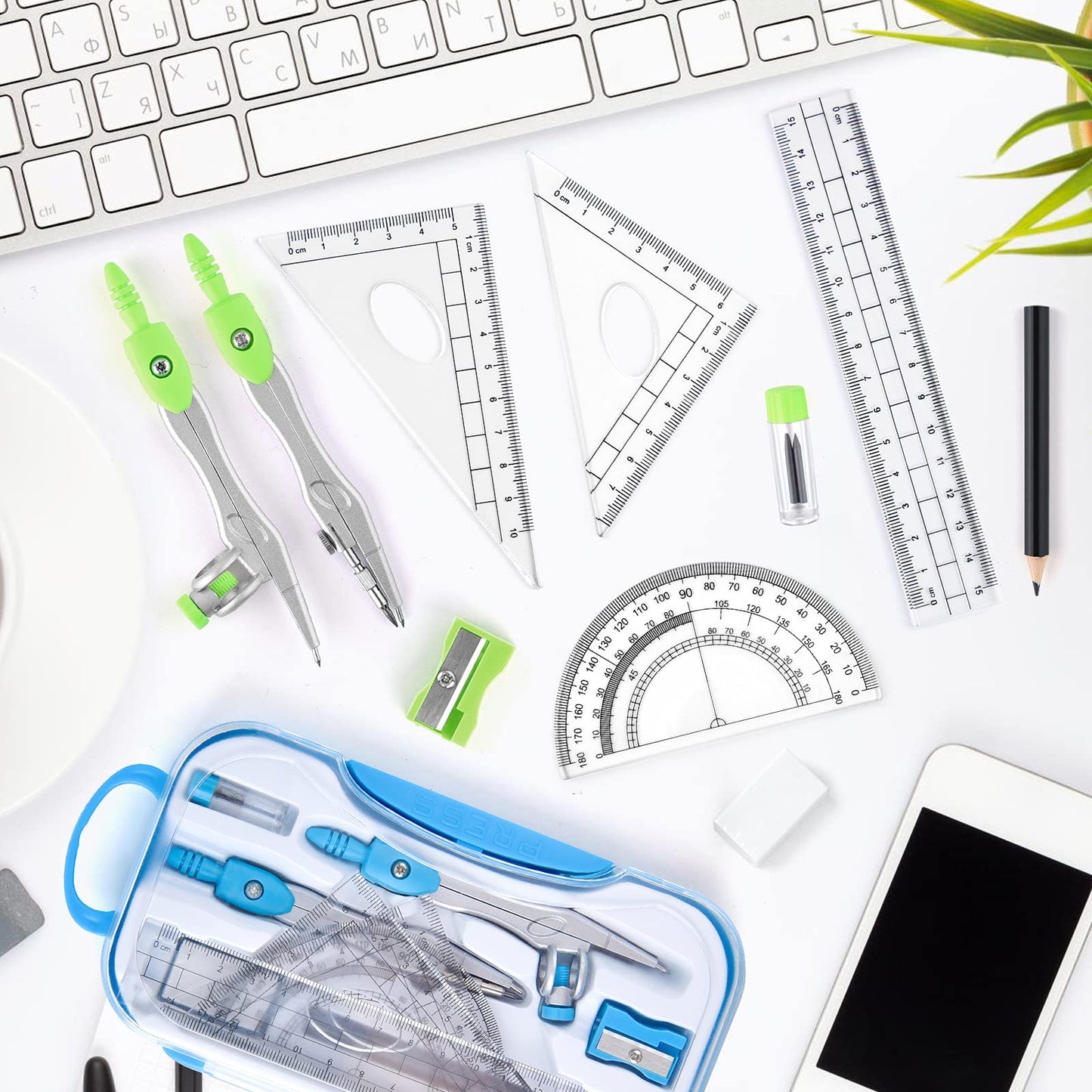 Coopay 2 Sets Math Geometry Kit, 10 Pieces Student Supplies Per Set Includes Ruler, Triangles, Protractor, Compass, Eraser, Pencil Sharpener, Lead Refills, Pencil, for Drafting and Drawings