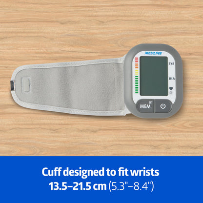Medline Digital Wrist Blood Pressure Monitor, Wearable, Digital LCD Display, Stores Up To 60 Readings, Batteries Included