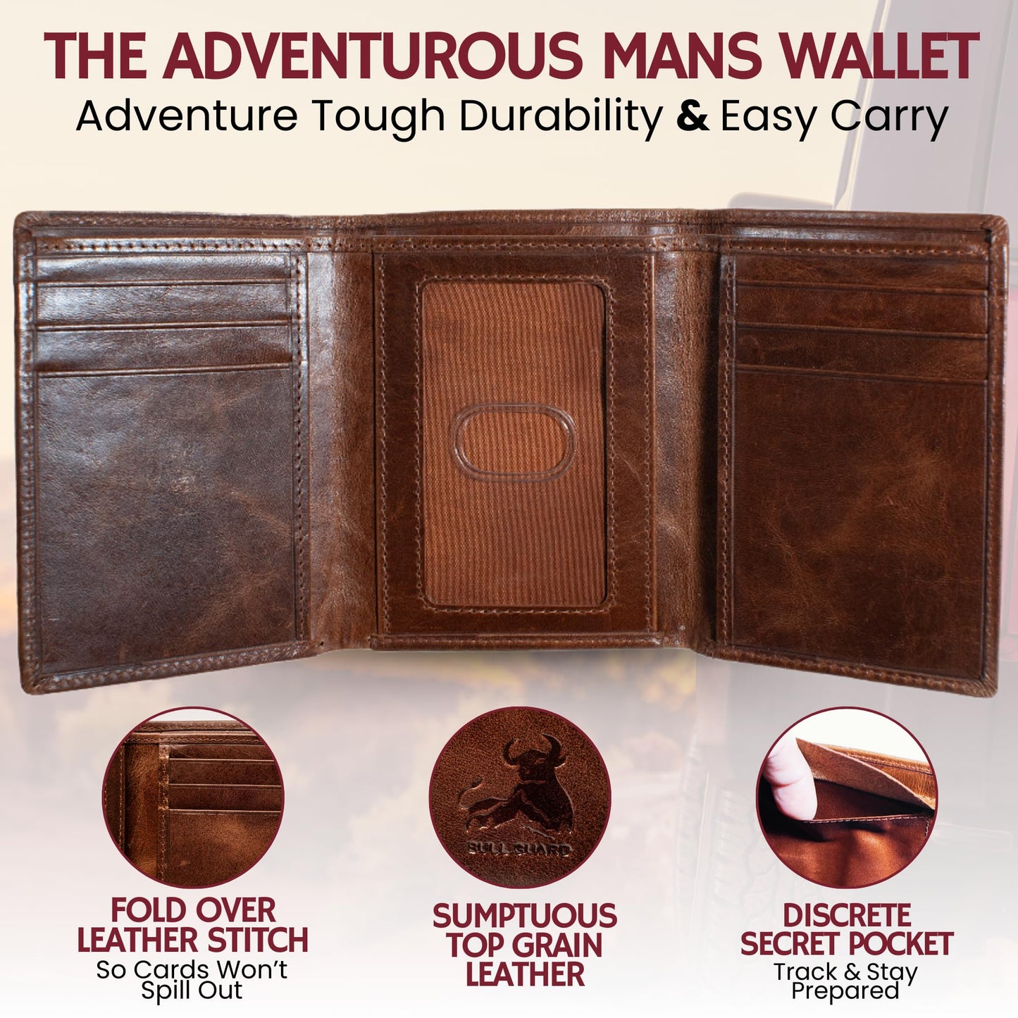 BULL GUARD Best Leather Men's RFID Trifold Wallet With ID Great Outdoor Wallet