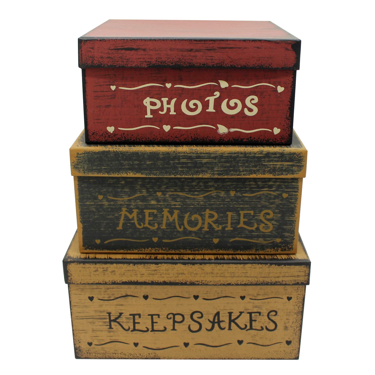 CVHOMEDECO. Primitive Vintage Square Photos, Memories, Keepsakes Cardboard Nesting Boxes, Large 11 X 11 X 5-1/2 Inch. Set of 3.