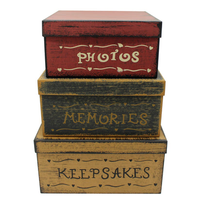 CVHOMEDECO. Primitive Vintage Square Photos, Memories, Keepsakes Cardboard Nesting Boxes, Large 11 X 11 X 5-1/2 Inch. Set of 3.