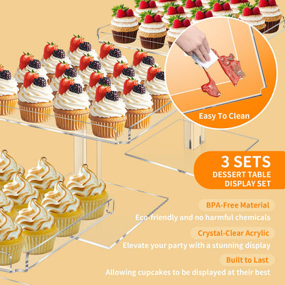 HEKORE 3 Tiered Serving Tray Set for Entertaining, 9" Acrylic Dessert Stands, Cupcake Stand Buffet Risers for Wedding Birthday Party Baby Shower