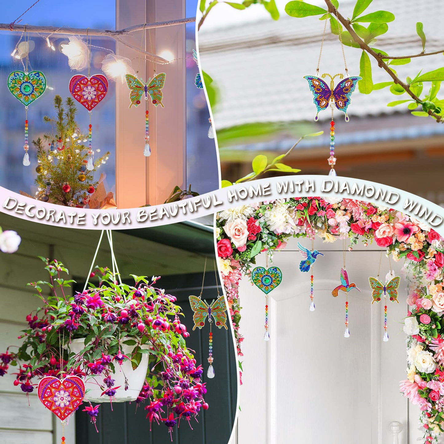 Yulejo 6 Pcs Diamond Painting Suncatcher Diamond Painting Art Kit for Adult Double Sided Diamond Painting Hanging Ornament Butterfly Heart Hummingbird Crystal Suncatcher Wind Chime Home Decoration
