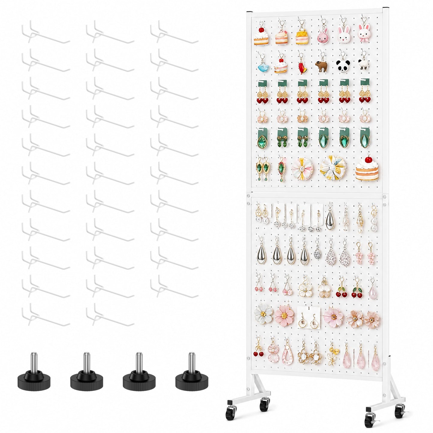 CursorTech Pegboard Display Stand with 32 Hooks 24" X70” Metal Pegboard on Wheels and T-Base Heavy Duty Standing Rack Organizer Panels Units for Ornament Retail & Vendors Craft Show Store Display