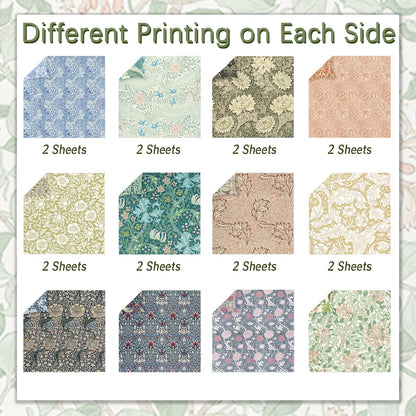 24 Sheets Scrapbook Paper 12" Double-Sided Photo Backdrop Bohemian Patterned (Floral Design J)