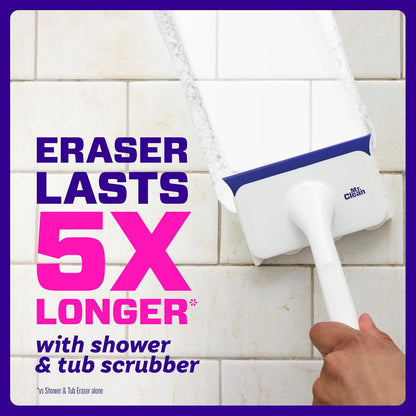 Mr. Clean Magic Eraser Shower & Tub Scrubber - All-in-One Bathroom Cleaner Kit | Lemon Scent, 1 Scrubber & 2 Erasers