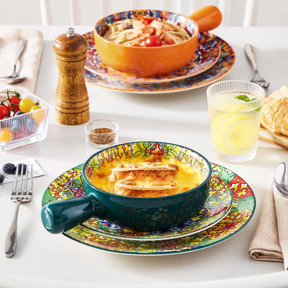 vancasso Soup Bowls with Handles, 23 Oz French Onion Soup Bowls Oven Safe, Bohemian Ceramic Soup Crocks for Cereal, Pasta, Beef Stew, Chilli, Microwave Dishwasher Safe-6.2 inch, Set of 4