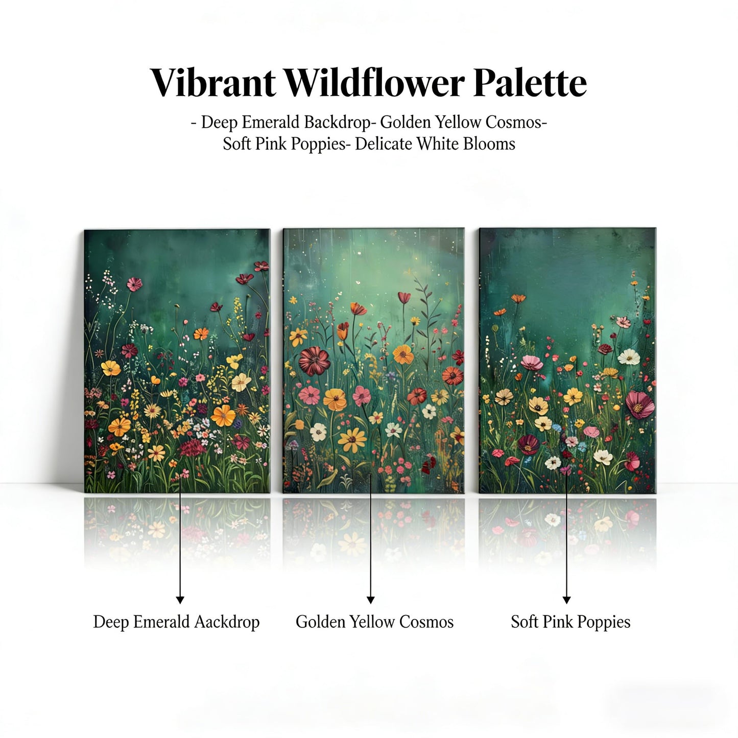 GEFQBBLD 3 Piece Canvas Wall Art Set, Emerald Green Wildflower Meadow Prints, Textured Impasto Boho Floral Decor for Living Room Bedroom 12x16 unframed