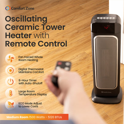 Comfort Zone Electric 24" Oscillating Digital Tower Space Heater with Full Function Remote, Adjustable Thermostat, and Overheat Protection, Ideal for Home, Bedroom, & Office, 1,500W, CZ523RBK