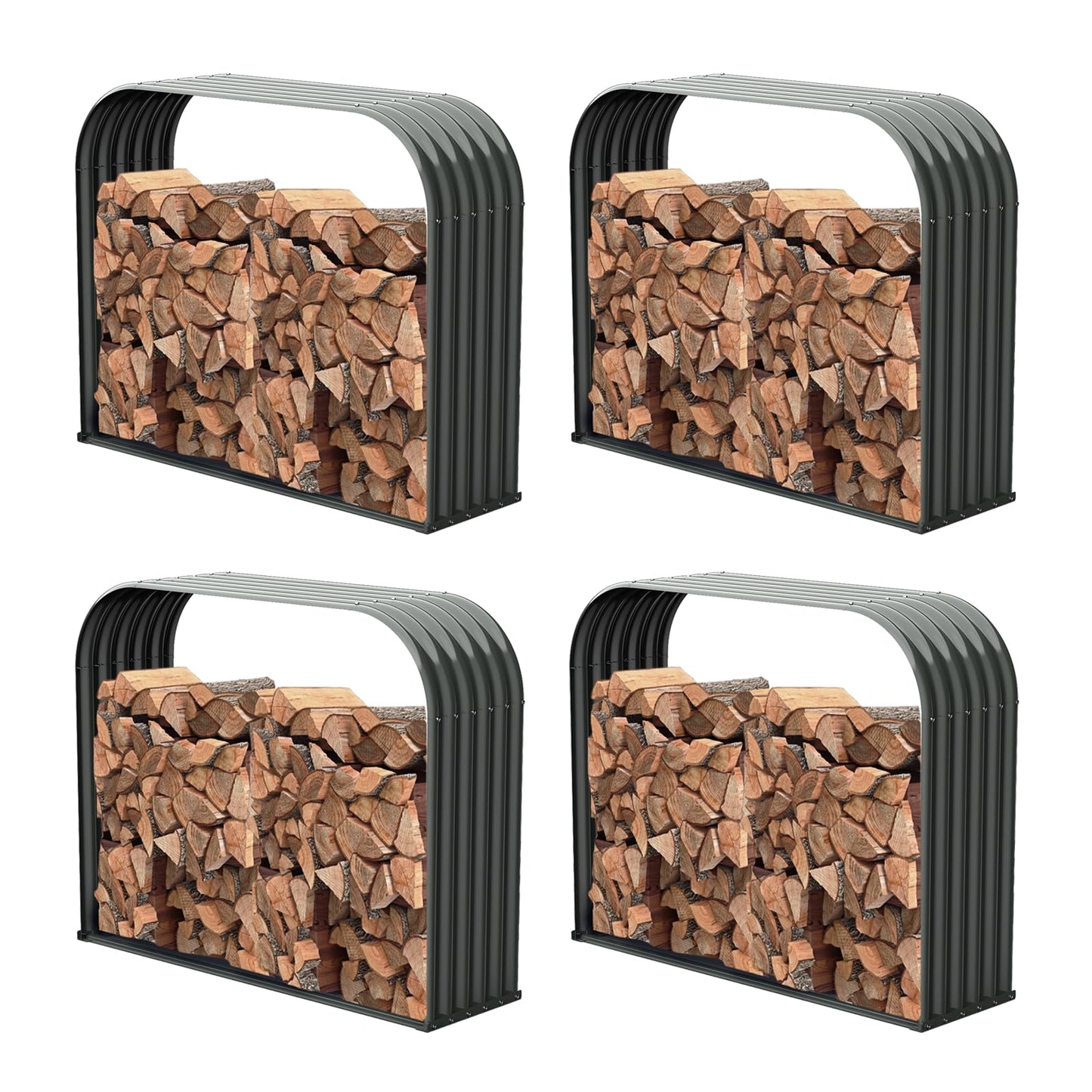 A ANLEOLIFE 4-Set Galvanized Steel Firewood Storage Rack with Weatherproof Corrugated Roof, Heavy Duty Outdoor Log Holder for Patio Porch Fire Pit, Trio Gray