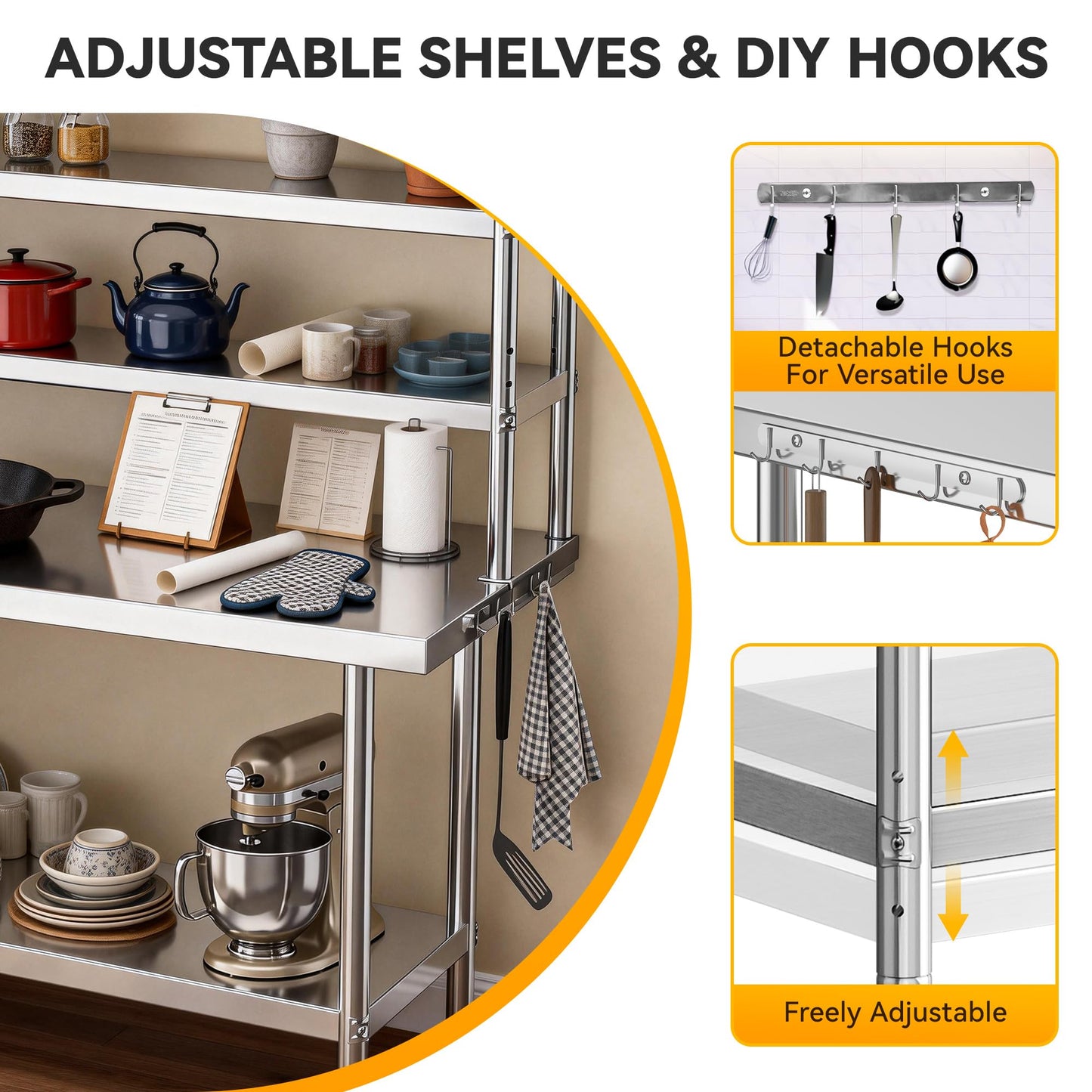 DWVO 42x24in Stainless Steel Table, NSF Metal Prep Worktable with Adjustable Overshelf for Kitchen Restaurant Hotel Garage Warehouse Home