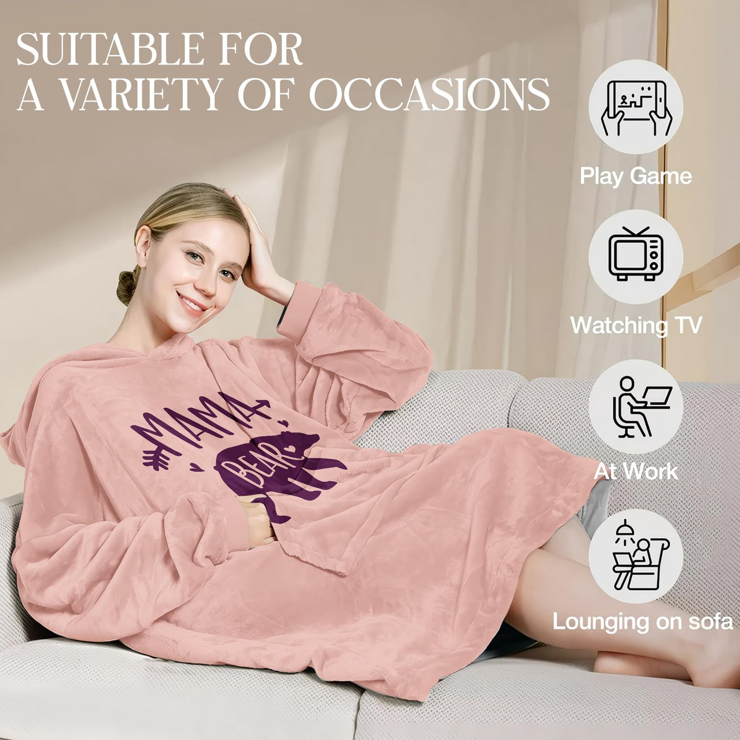 Warmstorey Mama Bear Hoodie Blanket, Mama Bear Gifts For Mom, Pink Blanket Hoodie Gift From Husband - Mothers Day Gift From Daughter Son - Wife Birthday Gifts, Gifts For Wife Women