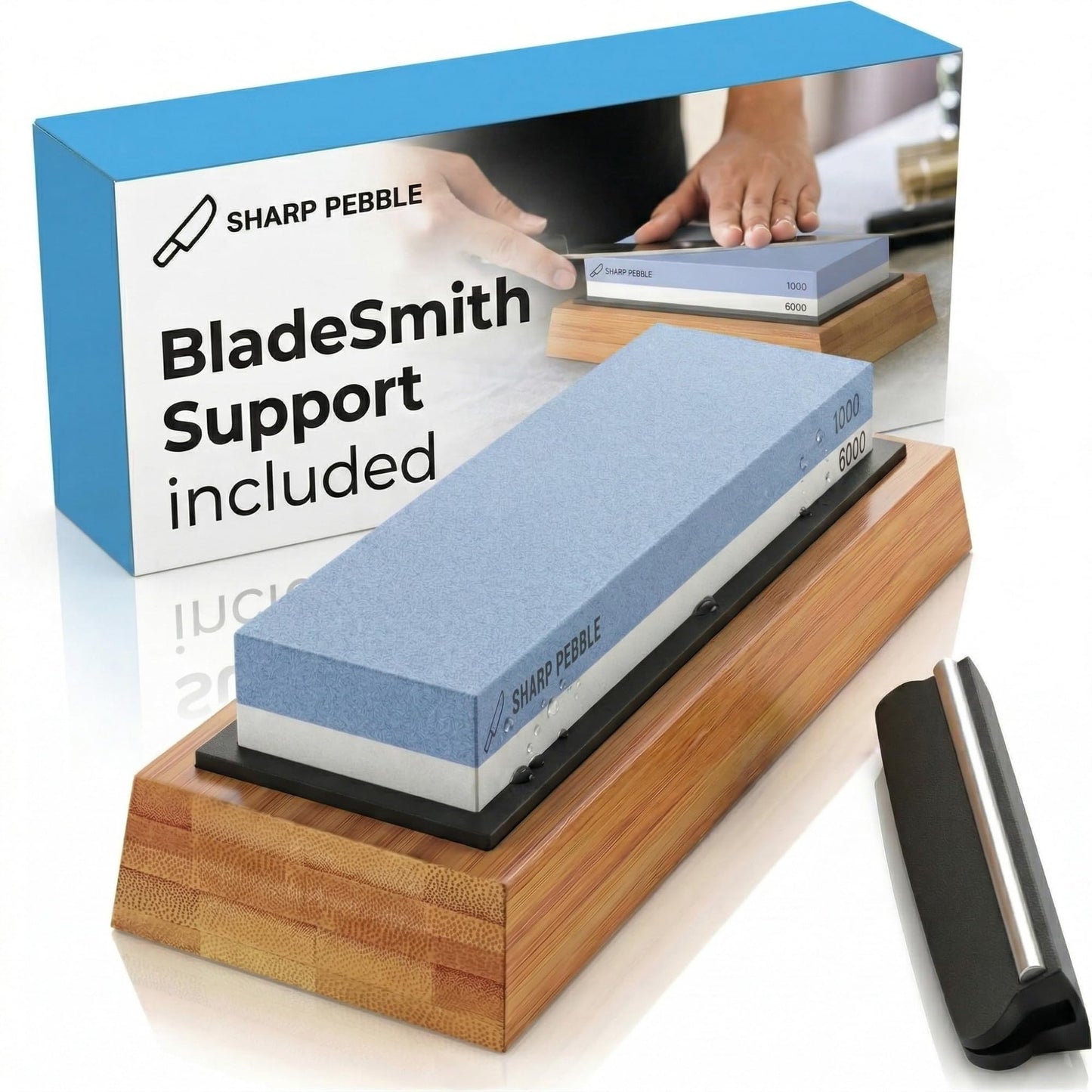 Sharp Pebble Premium Whetstone Knife Sharpening System – 1000/6000 Grit Whetstone Knife Sharpener & Honing Kit with Angle Guide & Non-Slip Bamboo Base – Guided Beginner Instructions