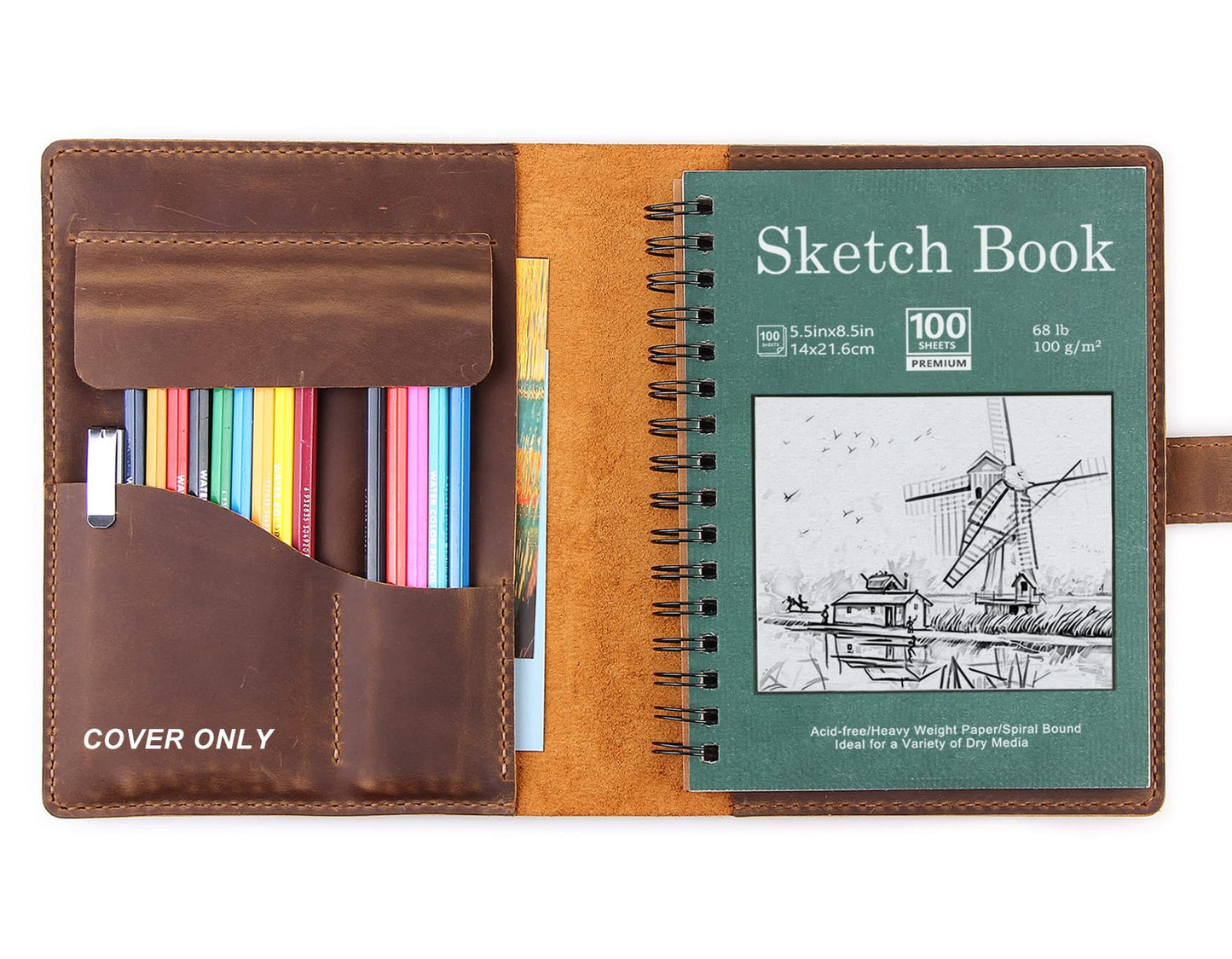 Robrasim Handmade Leather Sketchbook Cover, Leather Artist Sketch Pad Cover for 5.5" x 8.5" Sketchbook, Drawing Book and Pencil Case, Journal Notebook Portfolio, Artis Gifts-Brown
