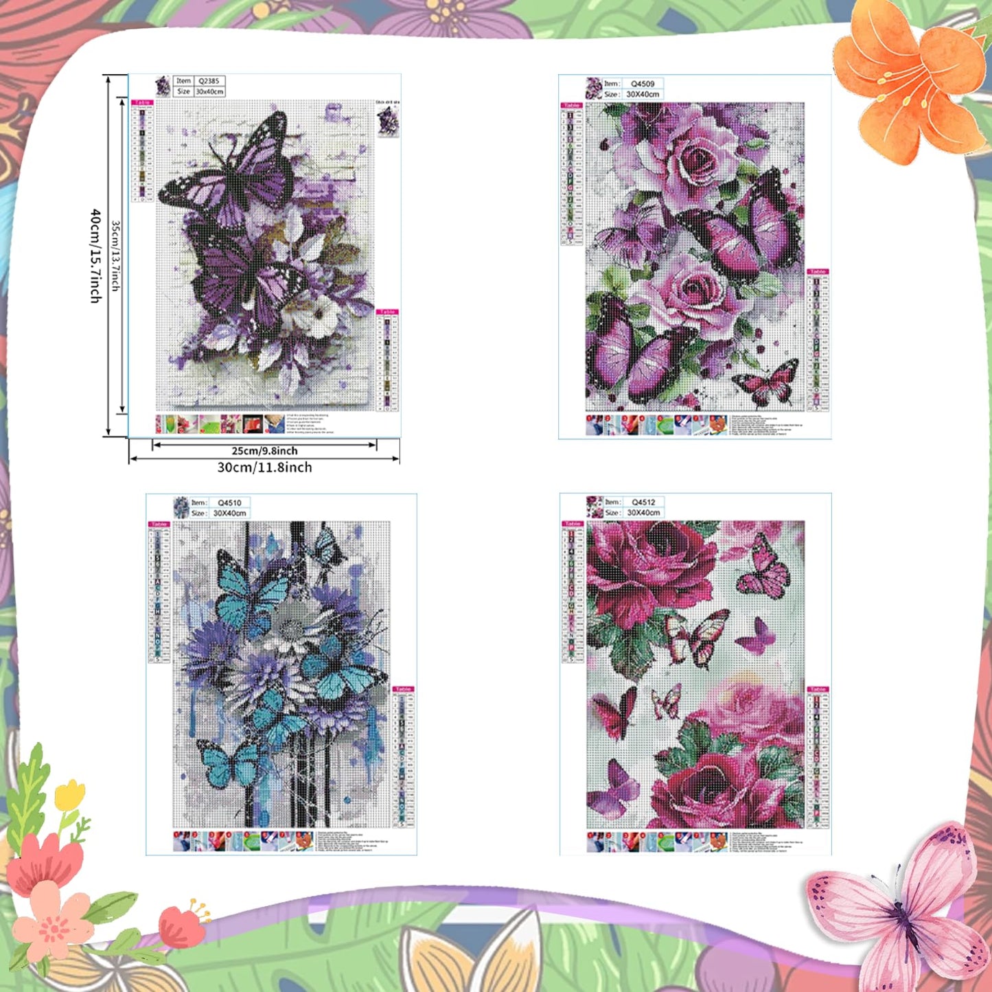 EWJRNSF 5D Diamond Painting Kits for Adults, Diamond Arts Kits Diamond Art Sets,Gem Painting by Number Kits for Adults Beginners Home Wall Decor 11.8x15.7 Inches 4 Pack Flowers Butterfly