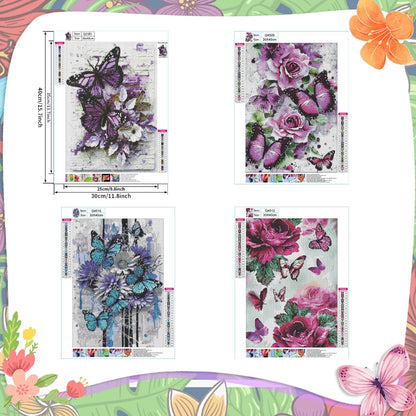 EWJRNSF 5D Diamond Painting Kits for Adults, Diamond Arts Kits Diamond Art Sets,Gem Painting by Number Kits for Adults Beginners Home Wall Decor 11.8x15.7 Inches 4 Pack Flowers Butterfly