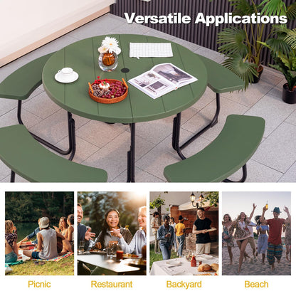 Tangkula 8 Person Picnic Table, Outdoor Round Picnic Table with 4 Built-in Benches, Umbrella Hole, Metal Frame & HDPE Tabletop, Outside Table and Bench Set for Backyard, 2300lbs Weight Capacity