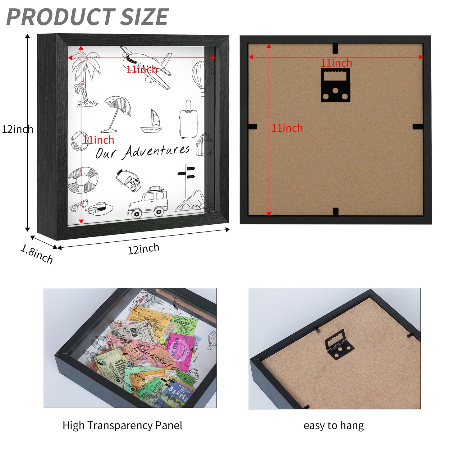 Jackma Travel Tickets Collection Shadow Box Frame, Funny Display Box for Collecting Tickets of Sporting Travelling Events – Piggy Bank Frame Memory Box with Slot on Top, Black 12x12”