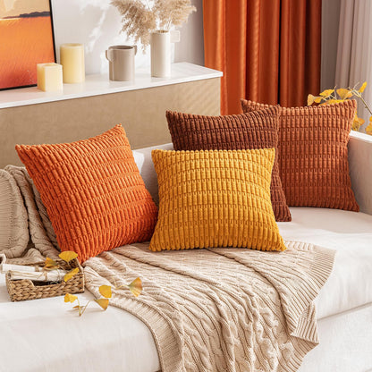 MIULEE Decorative Pillow Covers - Soft Orange Corduroy | Pack of 2, 18x18 Inch, Boho Striped Design for Home Decor