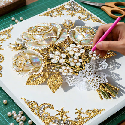 yzARTche Diamond Art Pearl Painting Kit, DIY Pearl Art Painting with White Frame, Handmade Gem Dot Picture Craft for Home Wall Decor Present Set-05-Rose