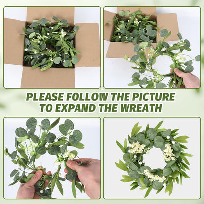 4 Pcs Green Artificial Eucalyptus Candle Rings Wreaths Mini Green Kitchen Cabinet Wreath Table Centerpieces Spring Summer with White Berry for Pillars Farmhouse Porch Front Door Wedding Decor