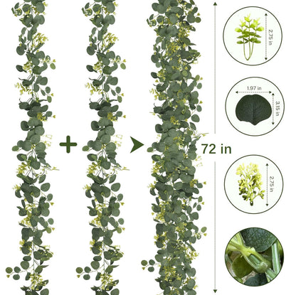YNHFIFI 4Pcs Eucalyptus Garland, 6FT Green Garland with Flowers, Artificial Faux Greenery Vines for Wedding Party Table Centerpieces Runner Room Home Mantle Decor