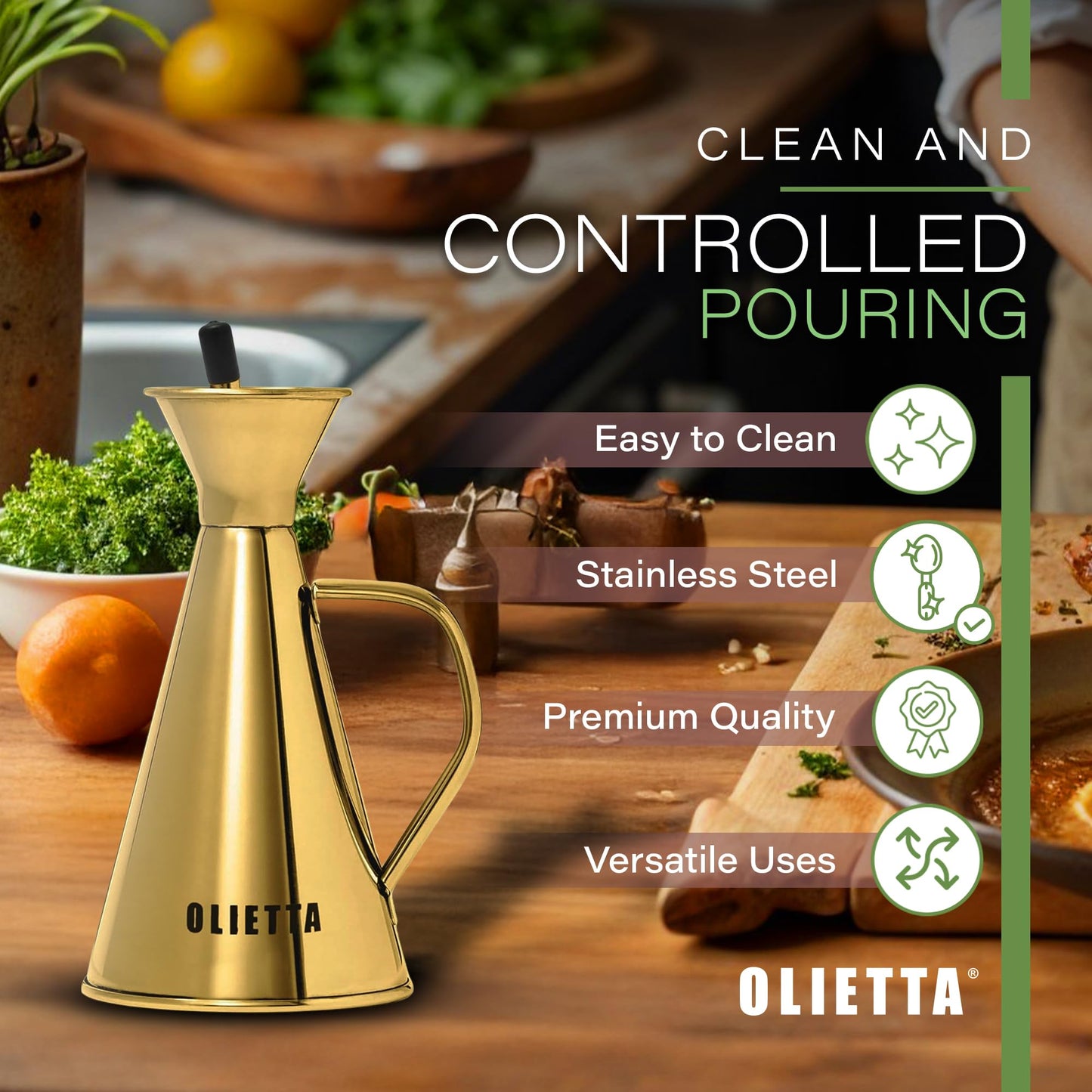 Olietta Olive Oil Dispenser Bottle Stainless Steel Non Drip Leak Proof No Mess Vinegar Pourer & Kitchen Drizzler 17 oz 500ML 0.5 Litre Great for Pouring & Drizzling Easy to Clean & Leakproof